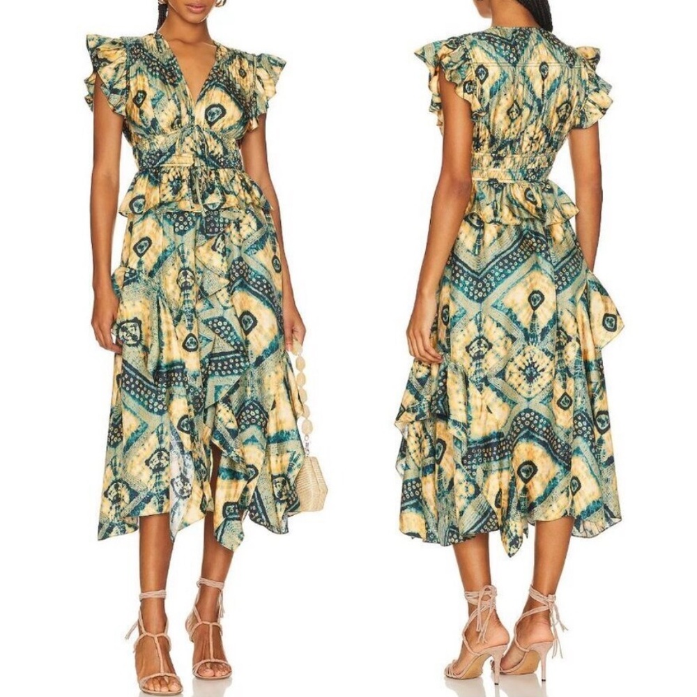 ULLA Johnson Yellow Blue Avia Midi Ruffle Dress in Constellation Silk Sz 6